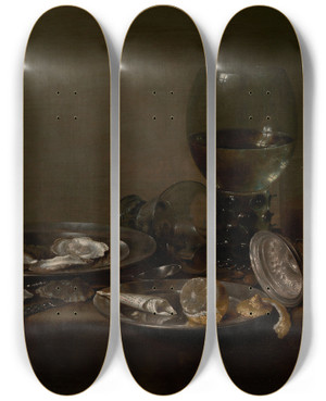 Triptych art skateboard deck of Willem Claesz Heda Still Life With Oysters A Silver Tazza And Glassware by Willem Claesz Heda (1594-1680)