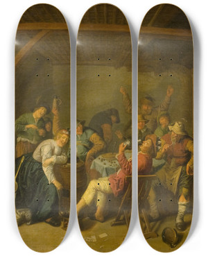 Triptych art skateboard deck of Jan Miense Molenaer The Bean King Is Drinking by Jan Miense Molenaer (1610-1668)