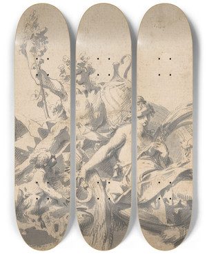 Triptych art skateboard deck of Sebastiano Galeotti Bacchus And Ceres Attended By Putti And A Marine Deity by Sebastiano Galeotti (1656-1746)