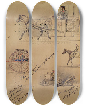 Triptych art skateboard deck of Moritz Ledeli Wiener Typen 1883 Skizzen Von Der Ringstrae by Moritz Ledeli (1856-1920)