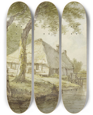Triptych art skateboard deck of Jan Hulswit Bei Zwei Bumen Ein Haus Am Wasser Ein Steg Rechts Die Spitze Eines Kahnes_1 by Jan Hulswit (1766-1822)