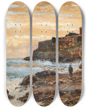 Triptych art skateboard deck of Alfred Zoff A Fishing Boat On The Beach At Sunset by Alfred Zoff (1852-1927)