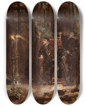 Triptych art skateboard deck of Jan Matejko Twardowski Conjuring The Spirit Of Barbara For Sigismund Augustus Sketch by Jan Matejko (1838-1893)