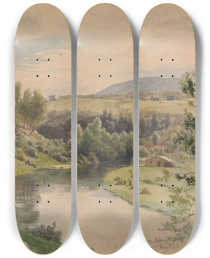 Triptych art skateboard deck of Hans Gude From Eidsvoll by Hans Gude (1825-1903)