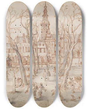 Triptych art skateboard deck of Adriaen Van De Venne Abdijplein Of Middelburg by Adriaen van de Venne (1589-1662)