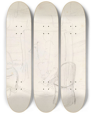 Triptych art skateboard deck of Adolph Tidemand Interir Med Kvinne Kubbestol Og Hengende Barnekurv by Adolph Tidemand (1814-1876)
