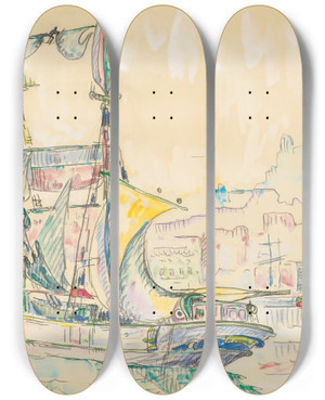 Triptych art skateboard deck of Paul Signac Marseille Voilier_2 by Paul Signac (1863-1935)