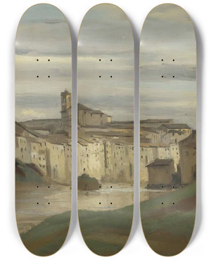 Triptych art skateboard deck of Jeanbaptistecamille Corot On The Banks Of The Tiber Rome by Jean-Baptiste-Camille Corot (1796-1875)