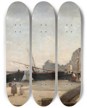Triptych art skateboard deck of Jeanbaptistecamille Corot The Beach Tretat by Jean-Baptiste-Camille Corot (1796-1875)