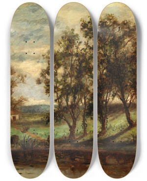 Triptych art skateboard deck of Edward Mitchell Bannister Untitled Man With Cows Grazing Near Pond With House And Trees In Background by Edward Mitchell Bannister (1828-1901)