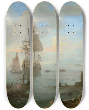 Triptych art skateboard deck of Adrien Manglard Vue Du Castel Dellovo Dans La Baie De Naples by Adrien Manglard (1695-1760)
