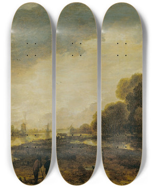 Triptych art skateboard deck of Aert Van Der Neer A River Scene Evening by Aert van der Neer (1603-1677)