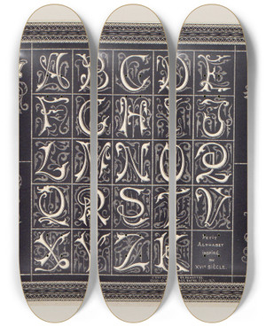 Triptych art skateboard deck of Douard Guichard Les Petits Alphabets Du Brodeur Pl18 by douard Guichard (1815-1889)
