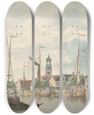 Triptych art skateboard deck of Jan Weissenbruch Gezicht Te De Lemmer by Jan Weissenbruch (1822-1880)
