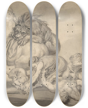 Triptych art skateboard deck of James Ward Lions Attacking Two Men And A Horse by James Ward (1769-1859)