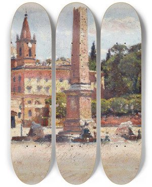 Triptych art skateboard deck of Aleksander Gierymski Piazza Del Popolo In Rome Sketch by Aleksander Gierymski (1850-1901)