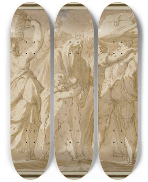 Triptych art skateboard deck of Hans Speckaert Ein Zug Von Mnnern Frauen Und Kindern Die Scke Und Krbe Tragen by Hans Speckaert (1540-1577)