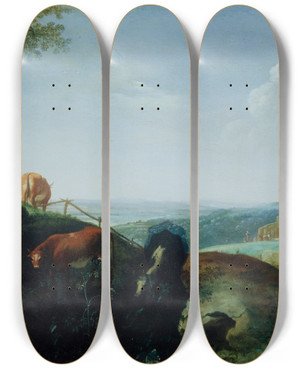 Triptych art skateboard deck of Cornelis Van Poelenburch Landscape With The Flight To Egypt by Cornelis Van Poelenburch (1594-1667)