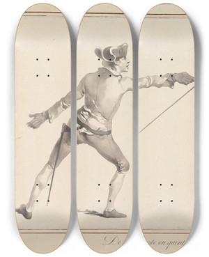 Triptych art skateboard deck of James Gwin De La Risposte En Quinte De Pied Forme Sur Le Coup De Seconde by James Gwin (1720-1769)