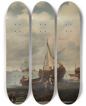 Triptych art skateboard deck of Hendrick Jacobsz Dubbels A Calm With Ships And Fishermen Along The Shore by Hendrick Jacobsz Dubbels (1621-1707)
