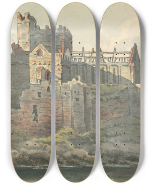 Triptych art skateboard deck of Thomas Bradshaw Ruins Of A Castle On A Rocky Coastline by Thomas Bradshaw (1767)