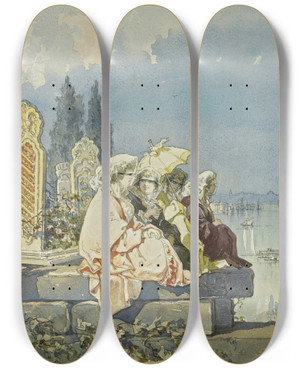 Triptych art skateboard deck of Amadeo Preziosi Italian Ladies At Eyp by Amadeo Preziosi (1816-1882)