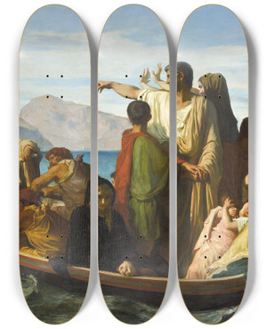 Triptych art skateboard deck of Flixjoseph Barrias Tiberius Exiles by Felix Joseph Barrias (1822-1907)