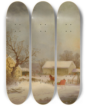 Triptych art skateboard deck of George Henry Durrie Wintertime On The Farm by George Henry Durrie (1820-1863)