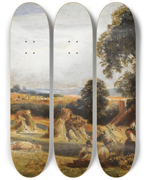 Triptych art skateboard deck of Peter De Wint Haymaking by Peter De Wint (1784-1849)