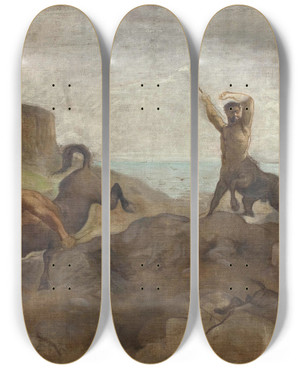 Triptych art skateboard deck of Ludvig Abelin Schou Centaurs Hunting Boars by Ludvig Abelin Schou (1838-1867)