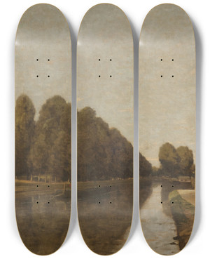 Triptych art skateboard deck of Henrijoseph Harpignies El Canal De Briare by Henri Joseph Harpignies (1819-1916)