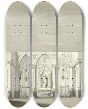 Triptych art skateboard deck of Pieter Barbiers Ontwerp Voor Een Toneeldecor Van Een Kerkinterieur by Pieter Barbiers (18-)