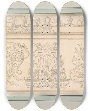 Triptych art skateboard deck of Johann Daniel Preissler Design For Orthographia Pl8 by Johann Daniel Preissler (1666-1737)