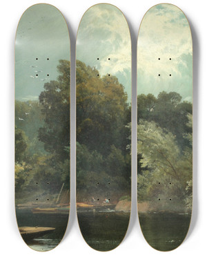 Triptych art skateboard deck of Alfred De Branski The Silvery Thames At Ditton by Alfred De Breanski (1852-1928)