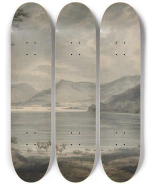 Triptych art skateboard deck of Edward Dayes Lake Scene by Edward Dayes (1763-1804)