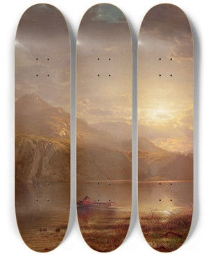 Triptych art skateboard deck of Arthur Parton Lake Scene by Arthur Parton (1842-1914)