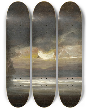 Triptych art skateboard deck of Peder Balke Two Sailing Boatsby Moonlight by Peder Balke (1804-1887)