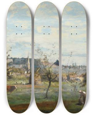 Triptych art skateboard deck of Jeanbaptistecamille Corot Un Village Des Environs De Mantes by Jean-Baptiste-Camille Corot (1796-1875)