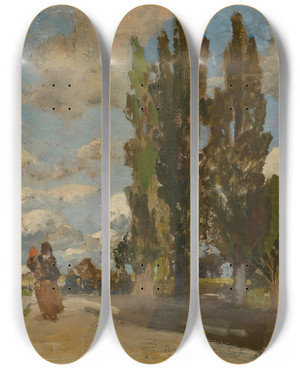 Triptych art skateboard deck of Tina Blau A Street In Rothenburg by Tina Blau (1845-1916)