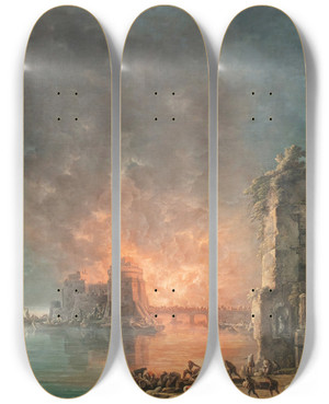 Triptych art skateboard deck of Carlo Bonavia Fire In The Island by Carlo Bonavia (1751-1788)