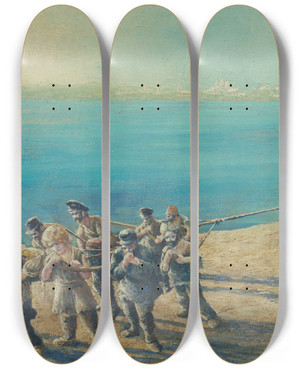 Triptych art skateboard deck of Tom Andrakovi Burlaks On The Volga by Tomas Andraskovic (1871-1944)