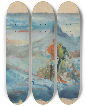 Triptych art skateboard deck of Arnold Peter Weiszkubnan Hunters In A Landscape by Arnold Peter Weisz-Kubnan (1898-1944)