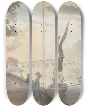 Triptych art skateboard deck of James Miller River Wharf Figure Sketching In A Lane by James Miller (1773-1814)