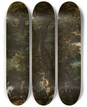 Triptych art skateboard deck of Jacob Grimmer Hunting A Wild Boar by Jacob Grimmer (1525-1590)