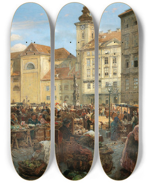 Triptych art skateboard deck of Alois Schnn Vienna A View Of The Market On Freyung by Alois Schonn (1826-1897)