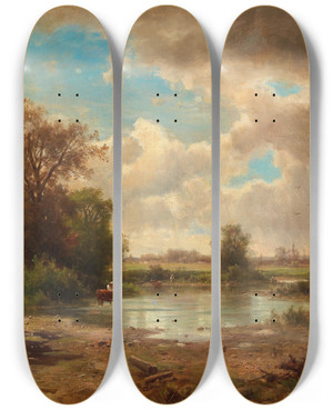 Triptych art skateboard deck of Adolf Chwala Open Landscape With Pond by Adolf Chwala (1836-1900)