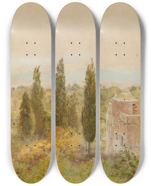 Triptych art skateboard deck of John William North Maison De Campagne Algiers by John William North (1842-1924)
