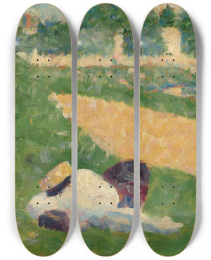 Triptych art skateboard deck of Georges Seurat The Seine With Clothing On The Bank Study For Bathers At Asnires by Georges Seurat (1859-1891)
