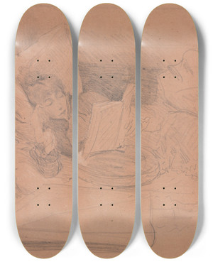 Triptych art skateboard deck of Georges Jules Victor Clairin Sarah Bernhardt Reclining On A Divan Reading by Georges Jules Victor Clairin (1843-1919)
