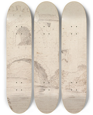 Triptych art skateboard deck of Henry Swinburne River With Stone Covered Bridge And Arched Window by Henry Swinburne (1743-1803)
